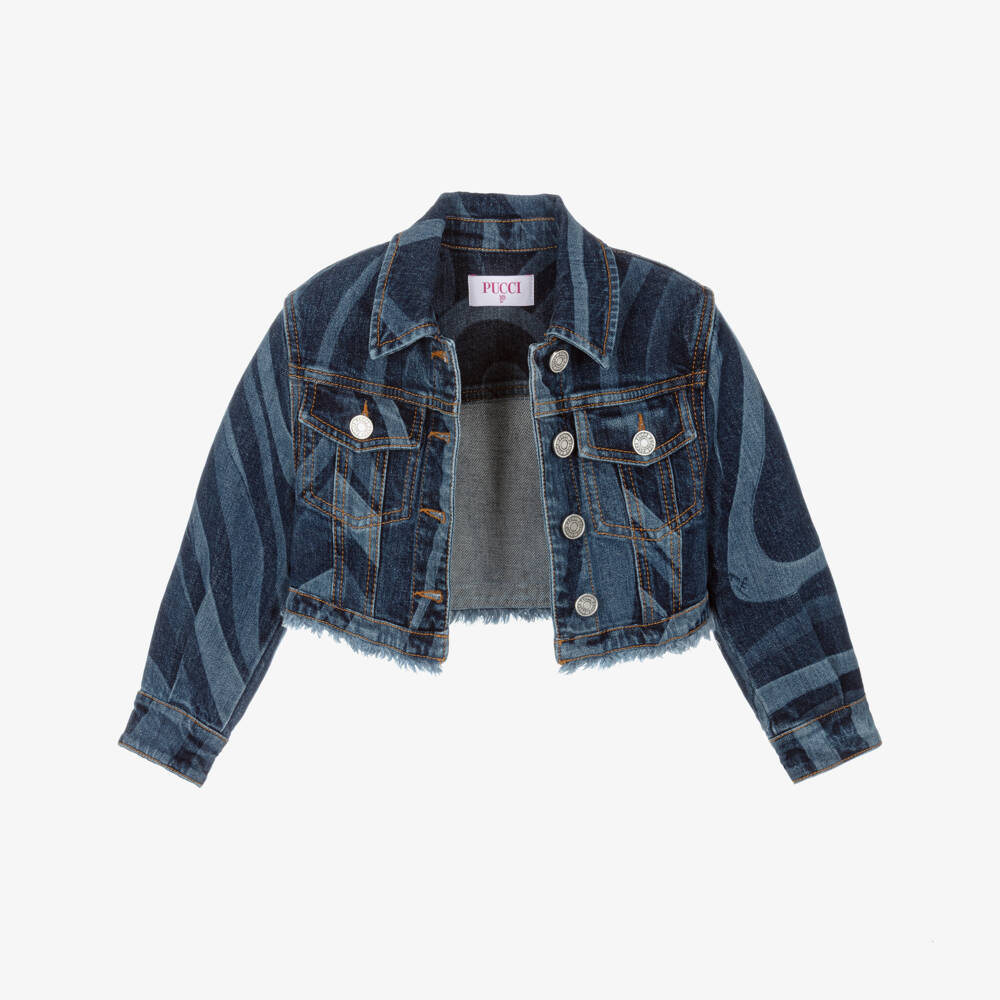 PUCCI-Girls Blue Denim Marmo Print Short Jacket | Childrensalon