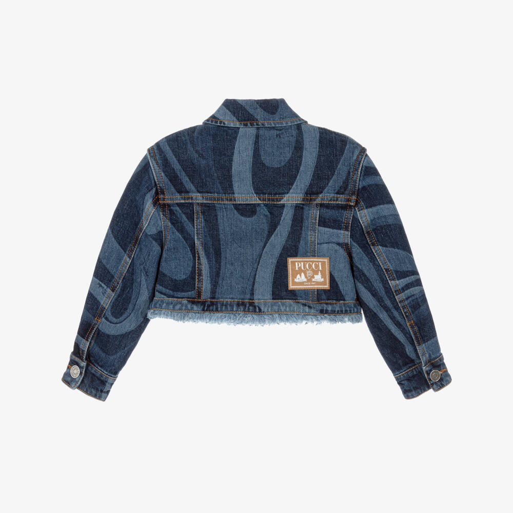 PUCCI-Girls Blue Denim Marmo Print Short Jacket | Childrensalon