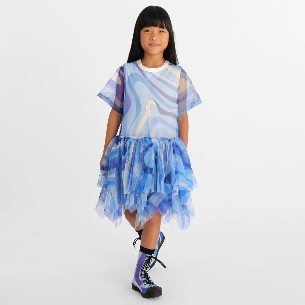 PUCCI-Girls Blue Marmo Print Tulle Dress | Childrensalon
