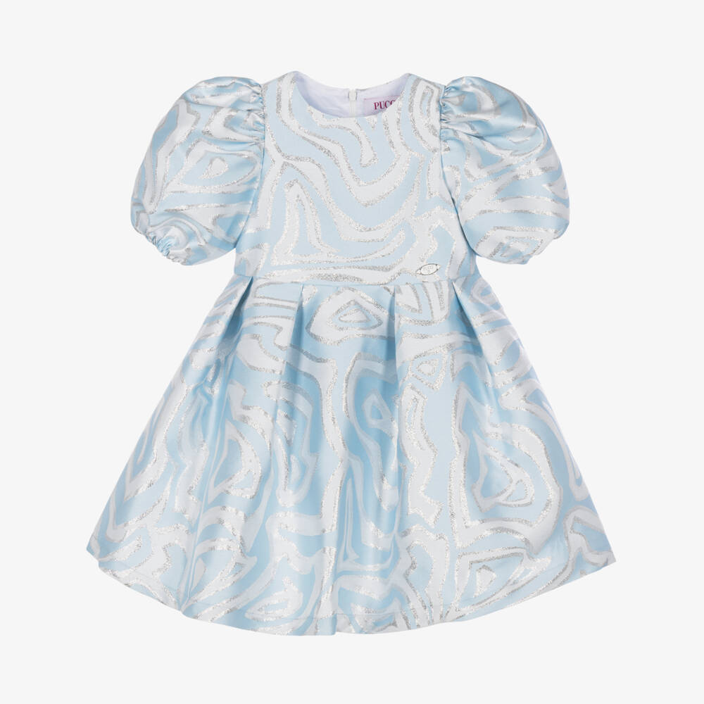 PUCCI-Girls Blue & Silver Labirinto Print Dress with Pleats | Childrensalon