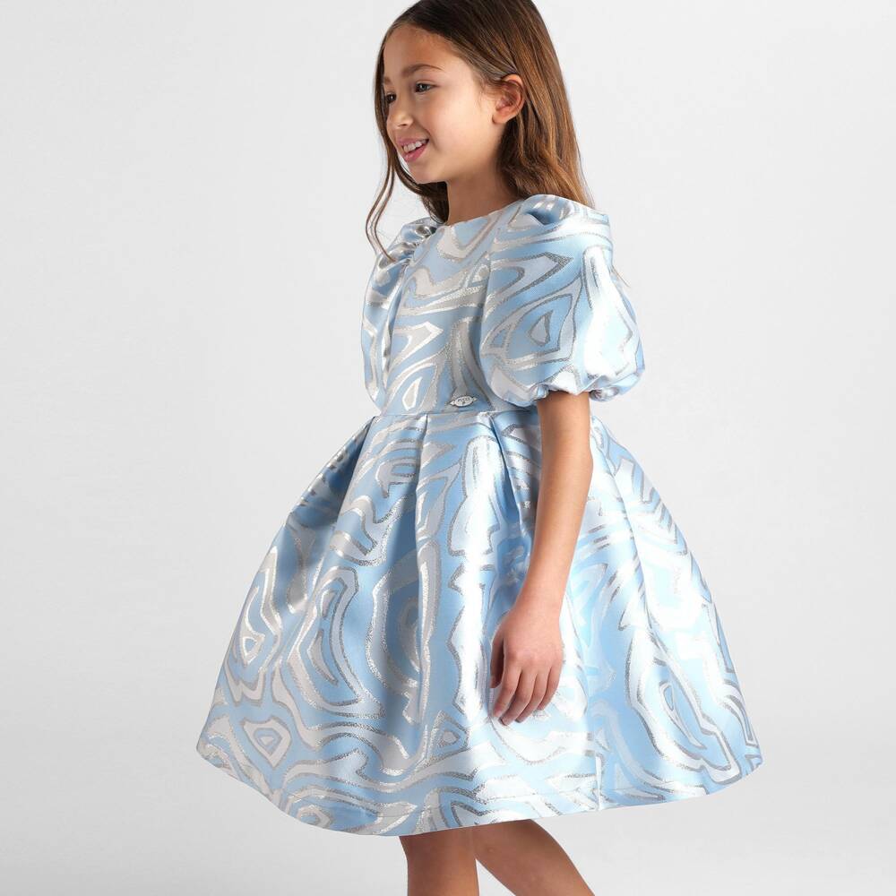 PUCCI-Girls Blue & Silver Labirinto Print Dress with Pleats | Childrensalon
