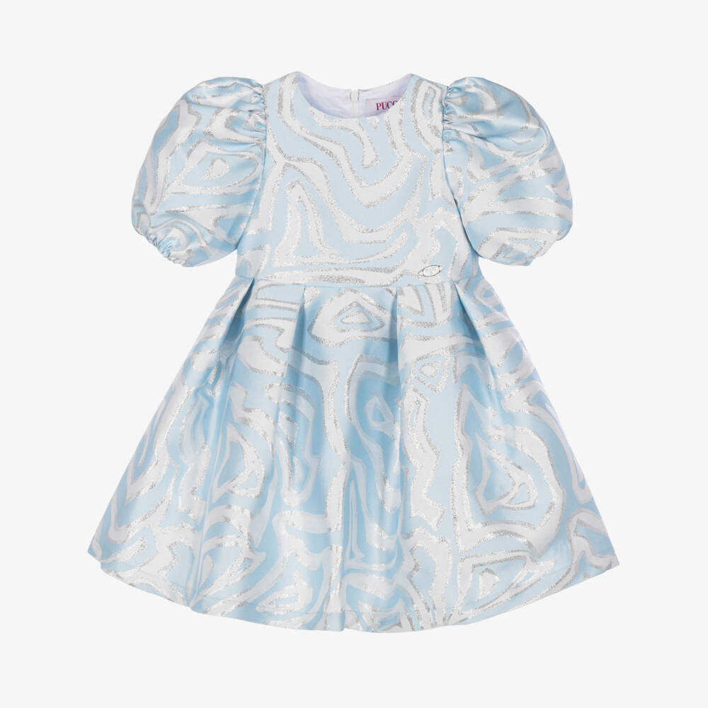 PUCCI-Girls Blue & Silver Labirinto Print Dress with Pleats | Childrensalon