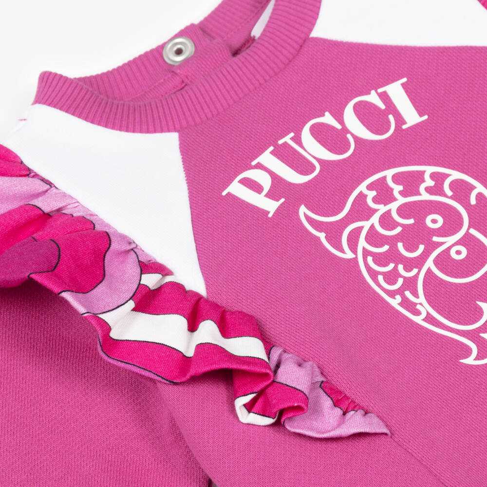 PUCCI-Girls Bright Pink Sweatshirt with Fish Motif & Marmo Print | Childrensalon