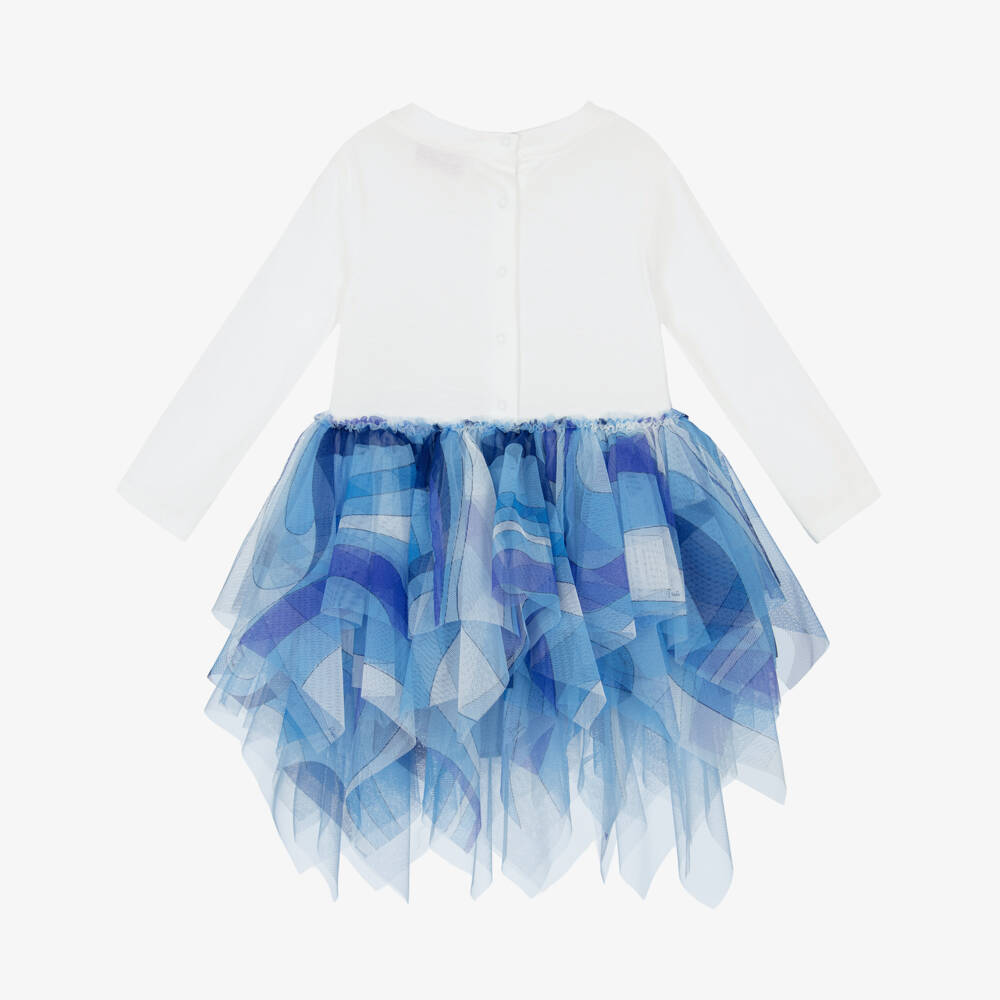 PUCCI-Girls Ivory & Blue Marmo Print Tulle Dress | Childrensalon