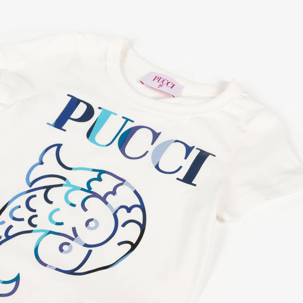PUCCI-Girls Ivory Cotton Fish Motif T-Shirt | Childrensalon