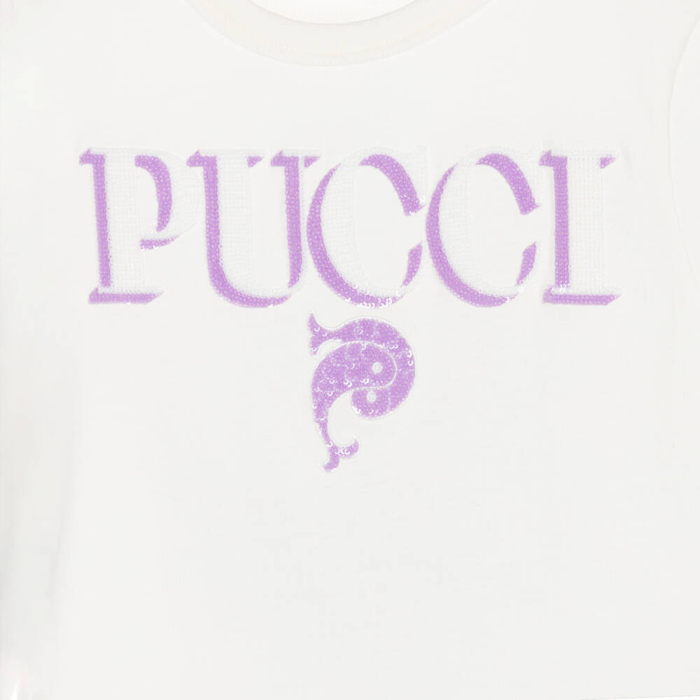 PUCCI-Girls Ivory Cotton T-Shirt with Lilac Sequin Fish Logo | Childrensalon