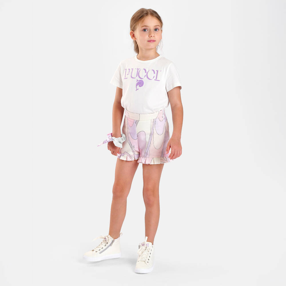 PUCCI-Girls Ivory Cotton T-Shirt with Lilac Sequin Fish Logo | Childrensalon