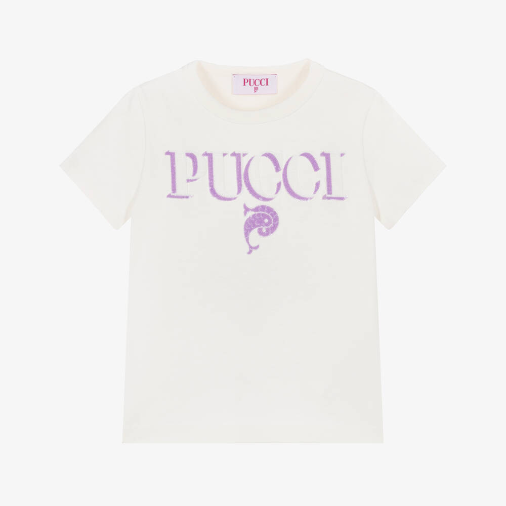 PUCCI-Girls Ivory Cotton T-Shirt with Lilac Sequin Fish Logo | Childrensalon