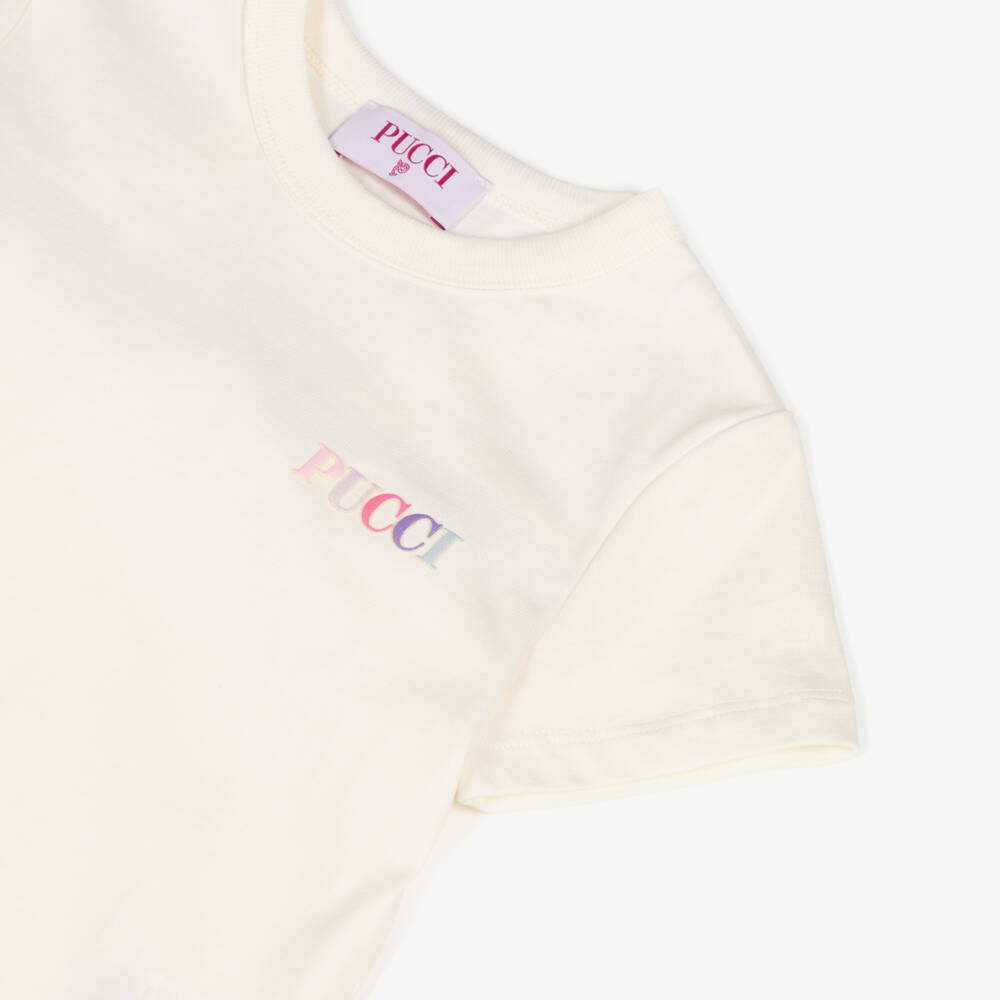 PUCCI-Girls Ivory Cotton T-Shirt with Onde Print | Childrensalon