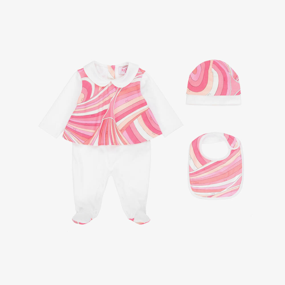 PUCCI-Girls Ivory & Pink Cotton Iride Babysuit Set | Childrensalon