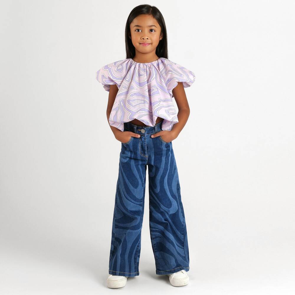 PUCCI-Girls Lavender & Pink Labirinto Print Puffed Sleeve Blouse | Childrensalon