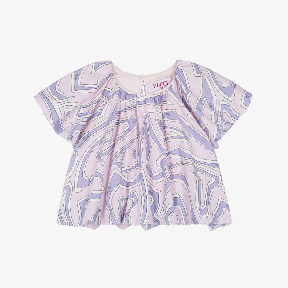 PUCCI-Girls Lilac & Pink Marmo Print Puffed Sleeve Blouse | Childrensalon