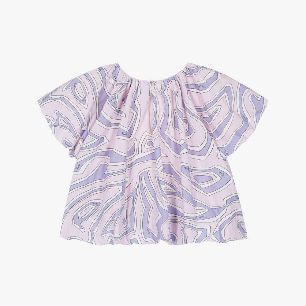PUCCI-Girls Lilac & Pink Marmo Print Puffed Sleeve Blouse | Childrensalon