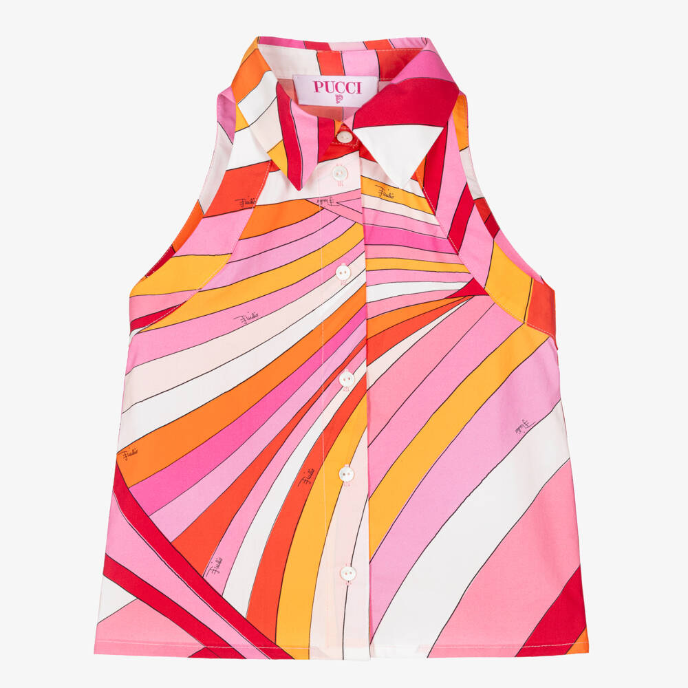 PUCCI-Girls Orange & Pink Iride Print Sleeveless Cotton Blouse | Childrensalon
