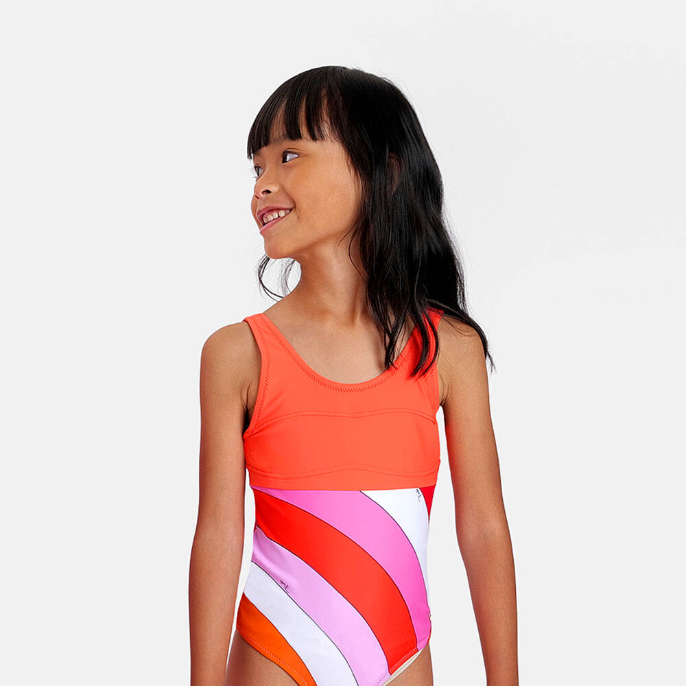 PUCCI-Girls Orange & Pink Iride Print Swimsuit | Childrensalon