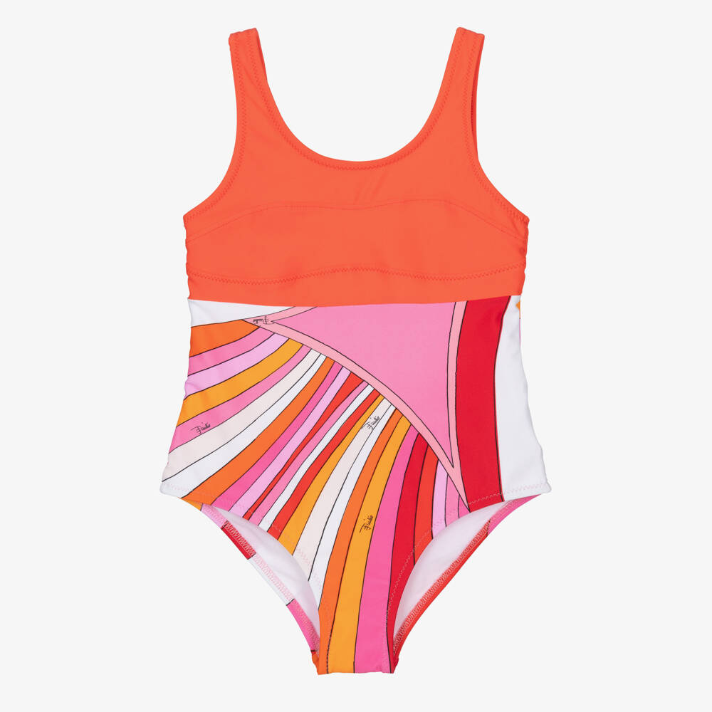 PUCCI-Girls Orange & Pink Iride Print Swimsuit | Childrensalon