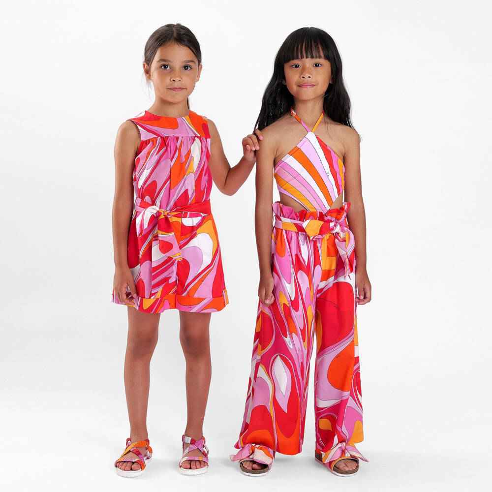 PUCCI-Girls Orange & Pink Onde Print Cotton Trousers | Childrensalon