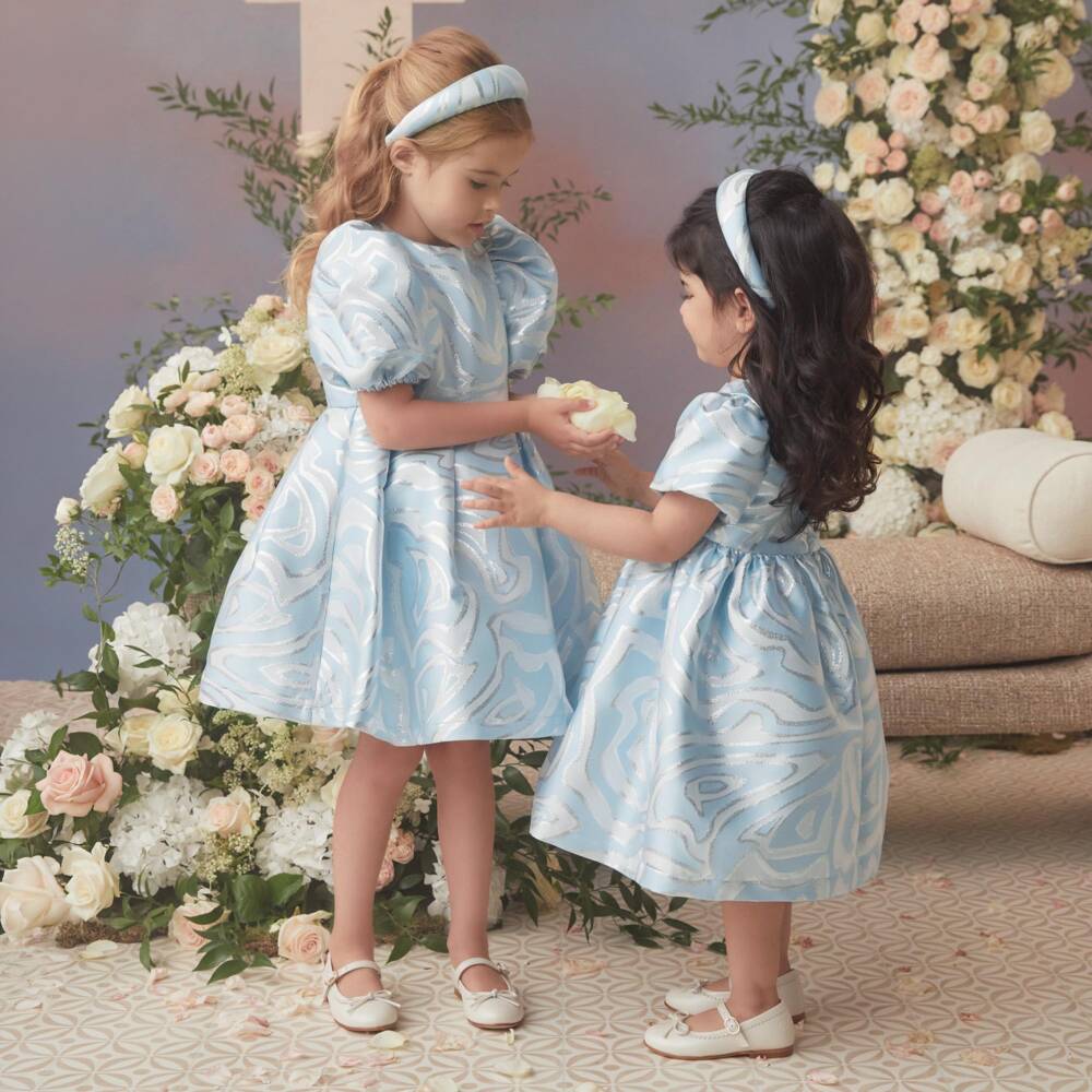 PUCCI-فستان بطبعة لابيرينتو لون أزرق فاتح وفضي للبنات | Childrensalon