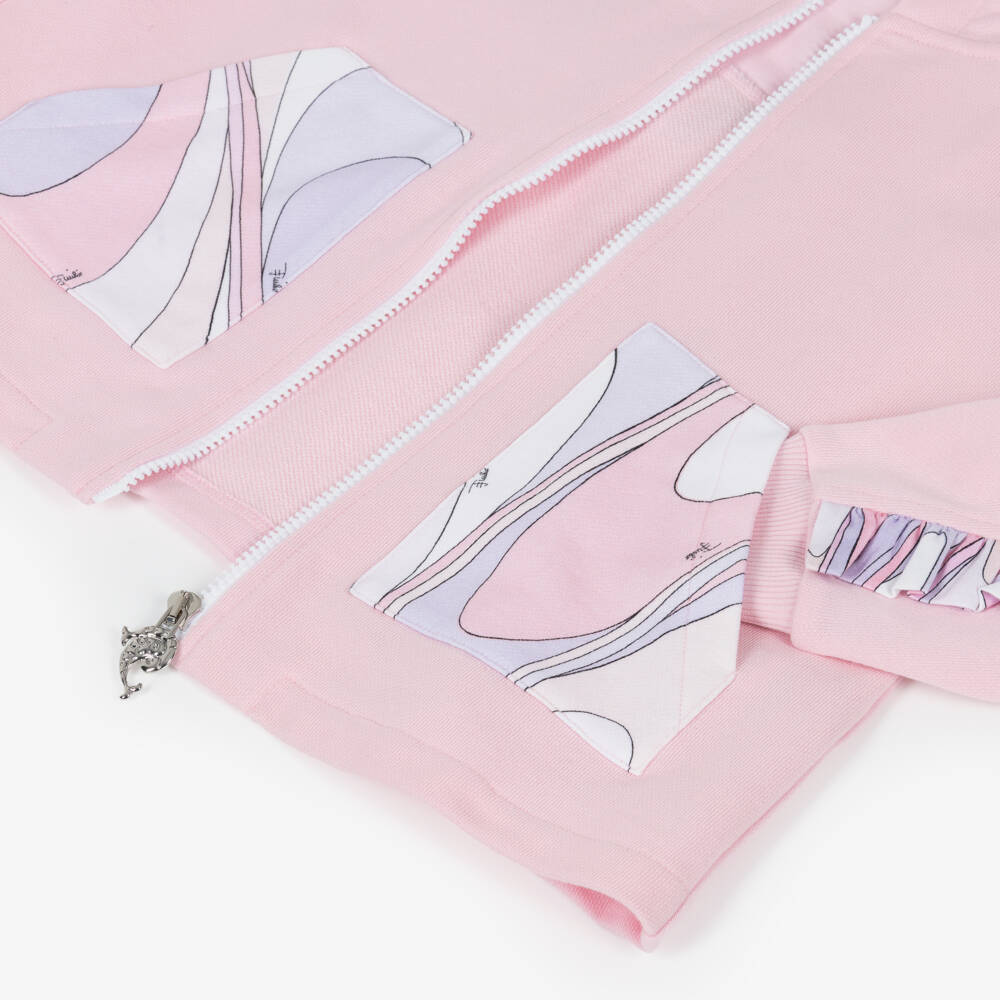 PUCCI-Girls Pale Pink Cotton Hooded Zip-Up Top | Childrensalon