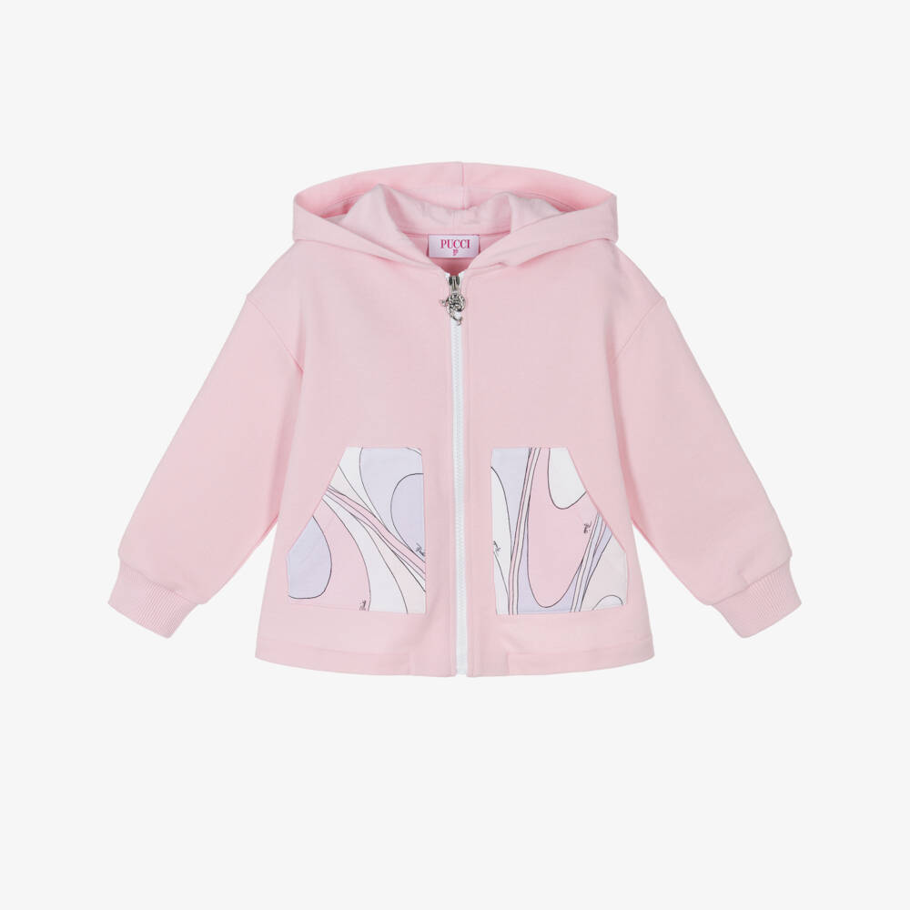 PUCCI-Girls Pale Pink Cotton Hooded Zip-Up Top | Childrensalon