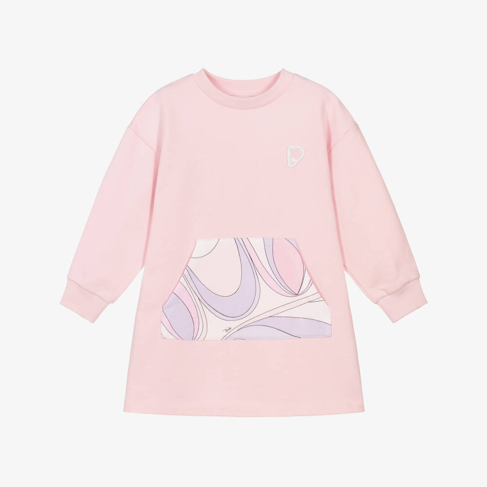 PUCCI-Girls Pale Pink Cotton Sweatshirt Dress with Marmo Print | Childrensalon