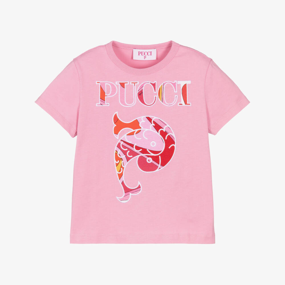PUCCI-Girls Pink Cotton Embroidered Fish Motif T-Shirt  | Childrensalon