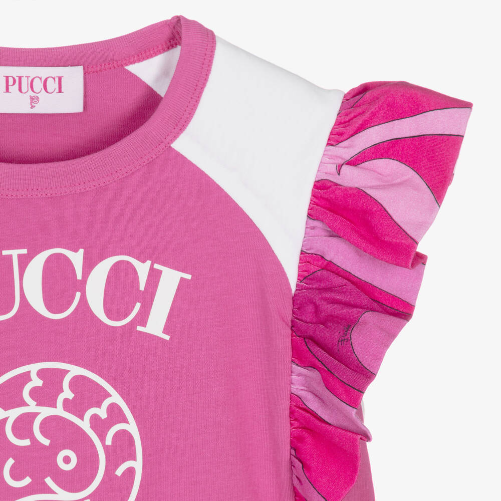 PUCCI-Girls Pink Cotton Fish Motif T-Shirt with Marmo Print Ruffles | Childrensalon