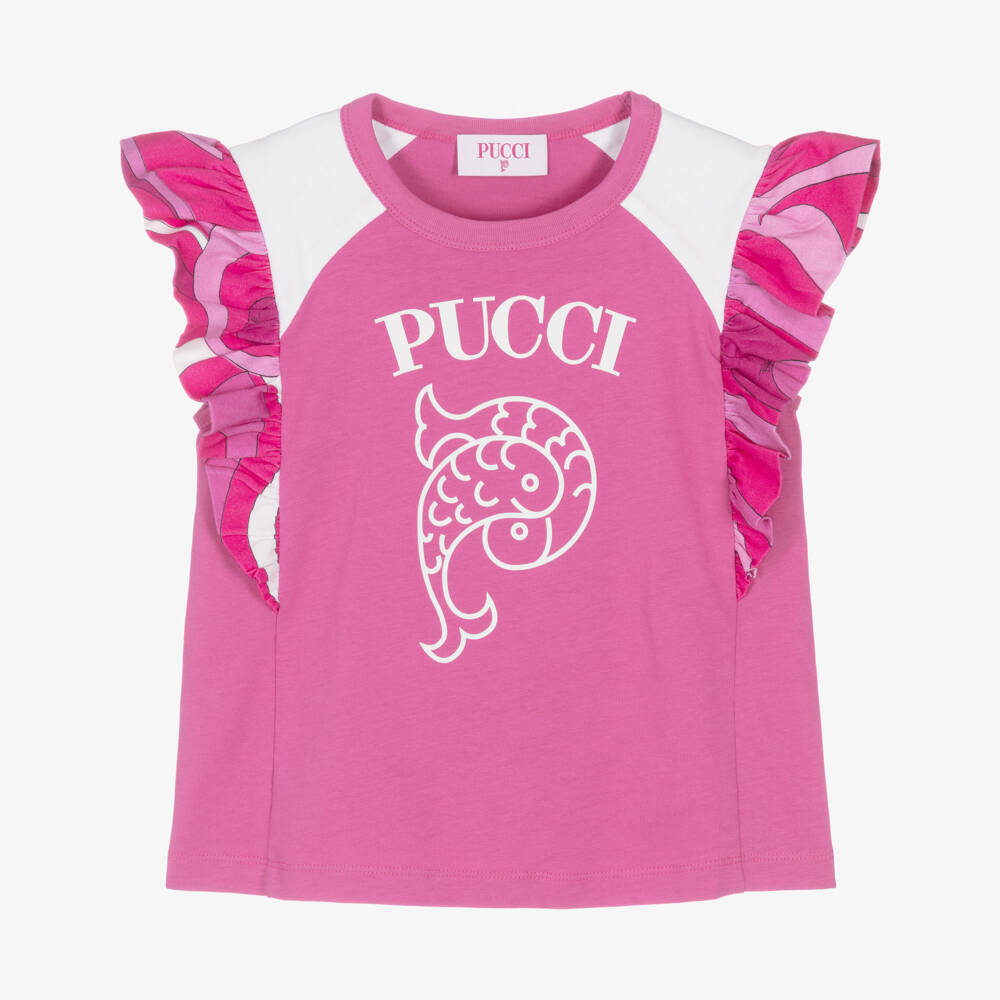 PUCCI-Girls Pink Cotton Fish Motif T-Shirt with Marmo Print Ruffles | Childrensalon