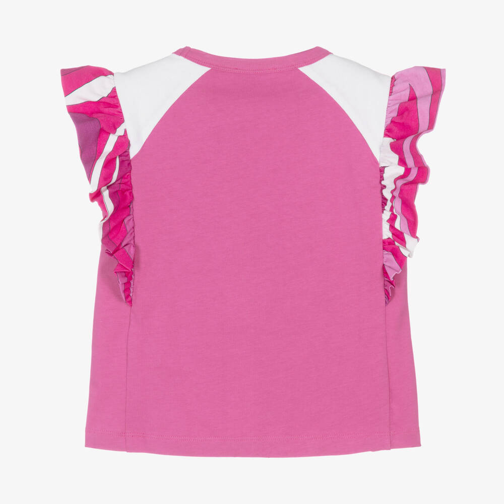 PUCCI-Girls Pink Cotton Fish Motif T-Shirt with Marmo Print Ruffles | Childrensalon