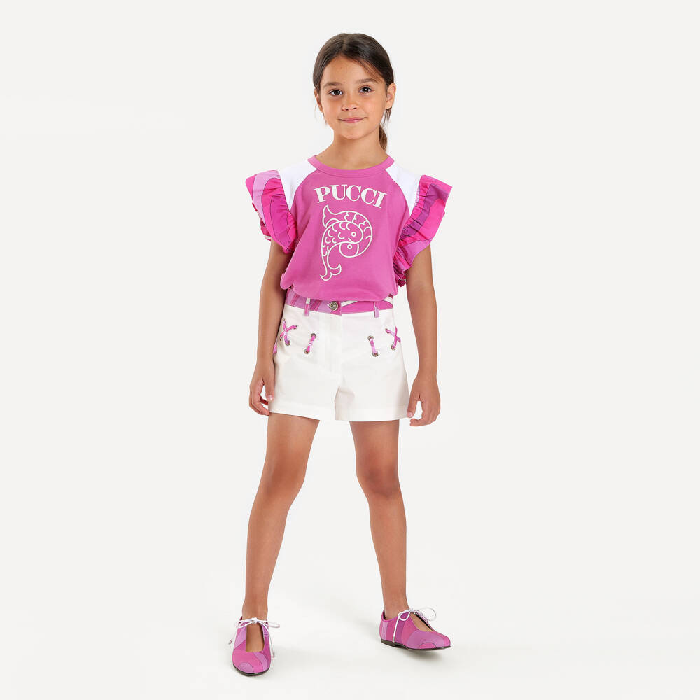 PUCCI-Girls Pink Cotton Fish Motif T-Shirt with Marmo Print Ruffles | Childrensalon