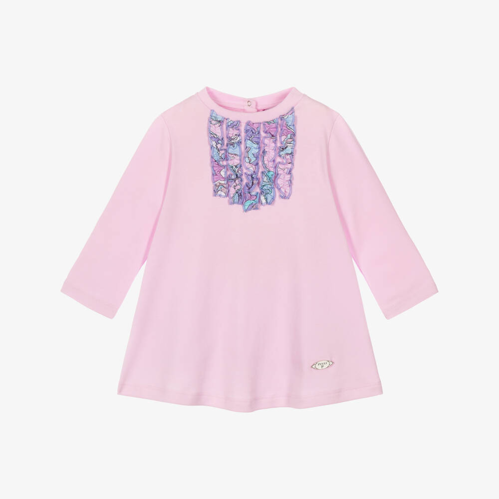 PUCCI-Girls Pink Cotton Jersey Dress with Orchidee Print Ruffles | Childrensalon