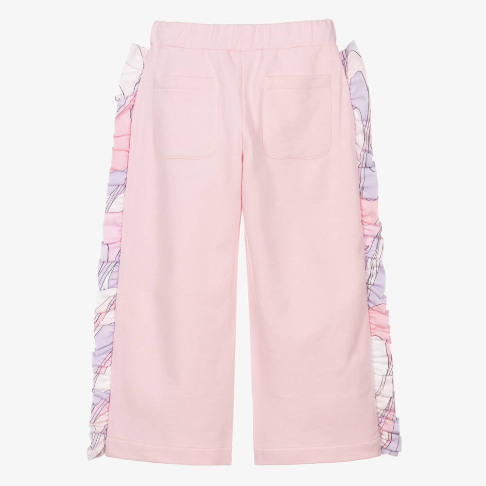 PUCCI-Girls Pink Cotton Wide Leg Joggers with Marmo Print Frill Trim | Childrensalon