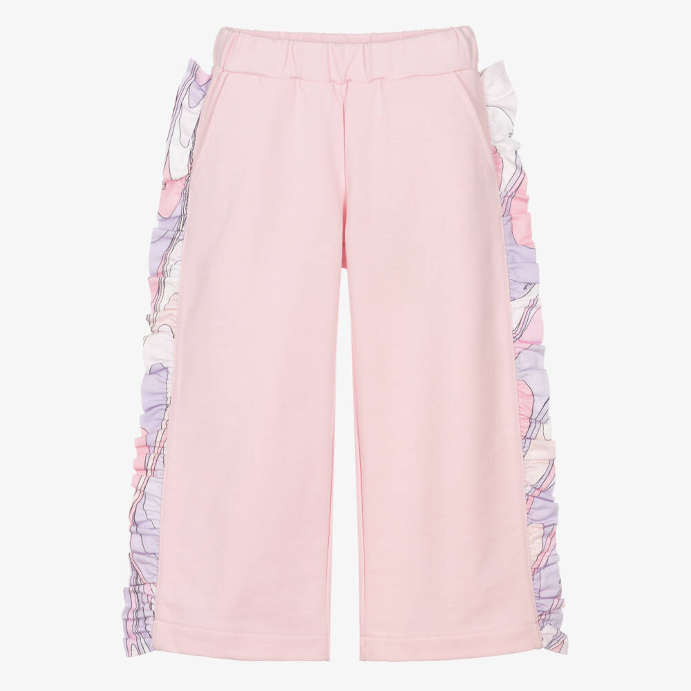 PUCCI-Girls Pink Cotton Wide Leg Joggers with Marmo Print Frill Trim | Childrensalon