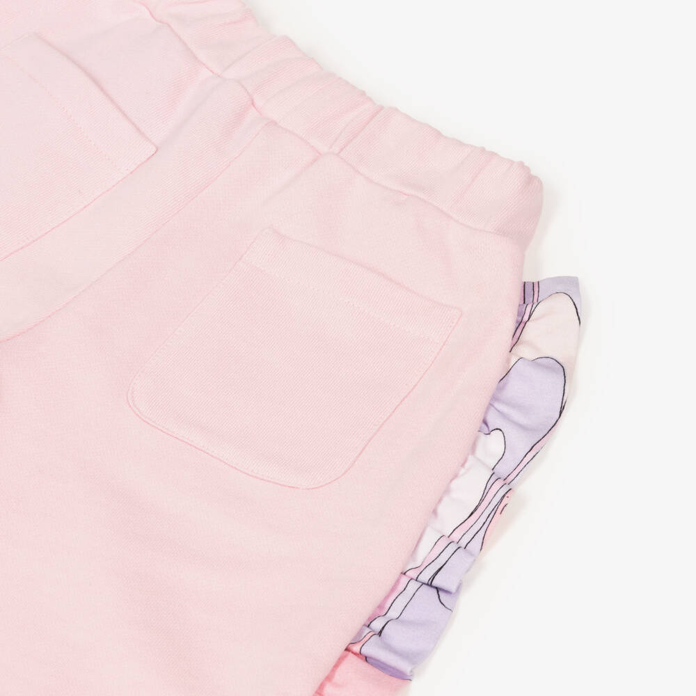 PUCCI-Girls Pink Cotton Wide Leg Joggers with Marmo Print Frill Trim | Childrensalon