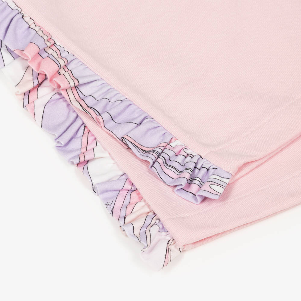 PUCCI-Girls Pink Cotton Wide Leg Joggers with Marmo Print Frill Trim | Childrensalon