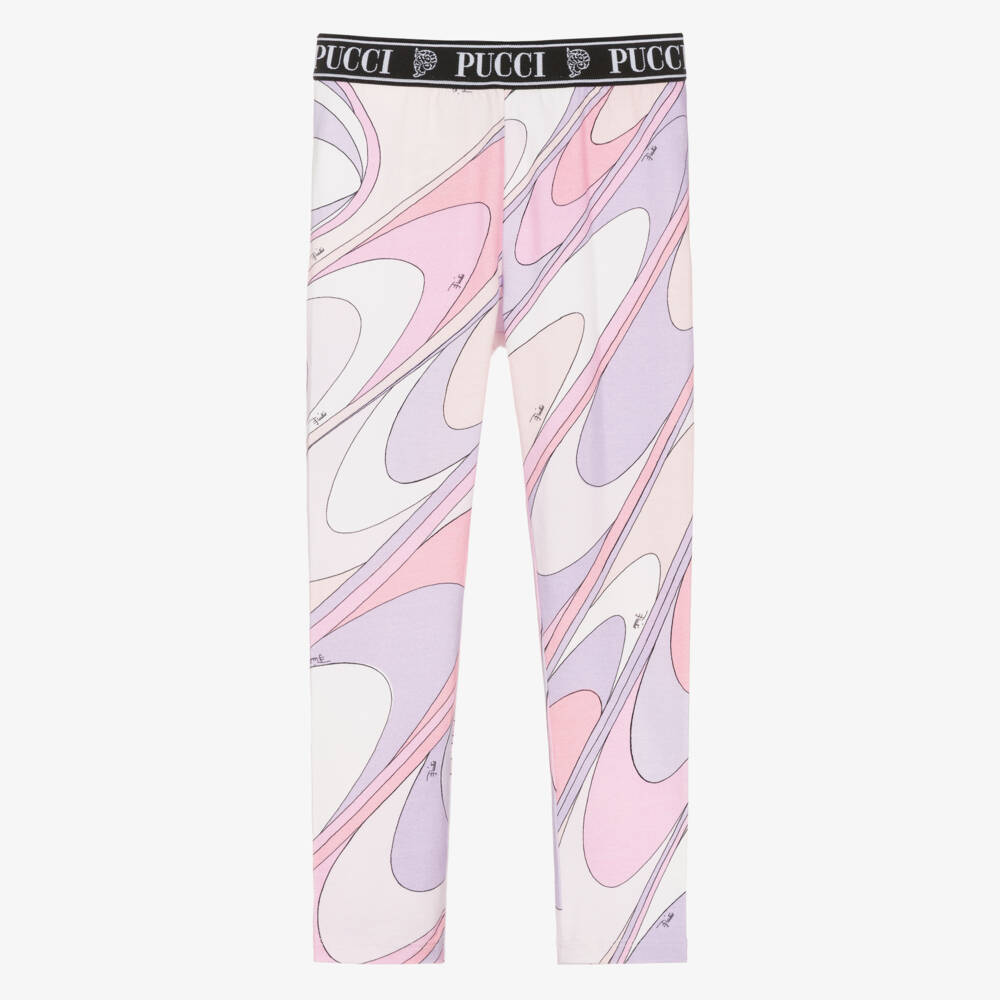 PUCCI-Girls Pink & Lilac Cotton Leggings with Marmo Print | Childrensalon
