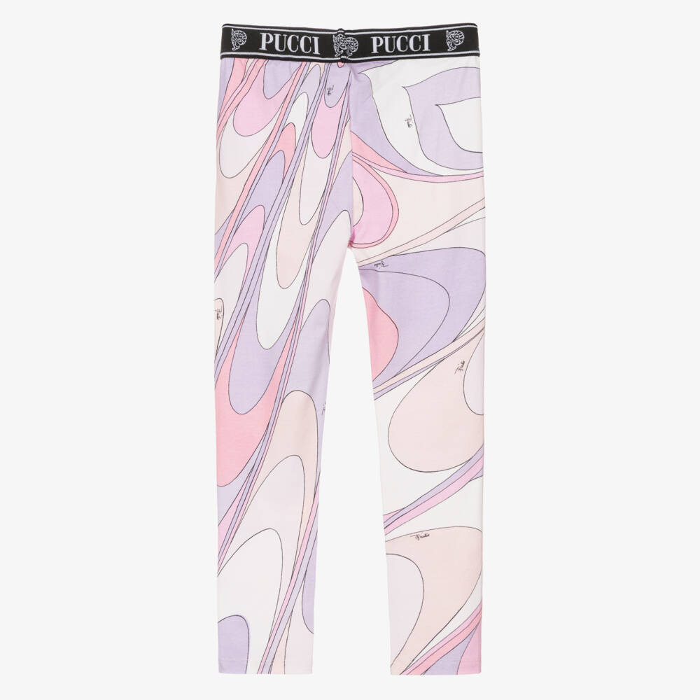 PUCCI-Girls Pink & Lilac Cotton Leggings with Marmo Print | Childrensalon