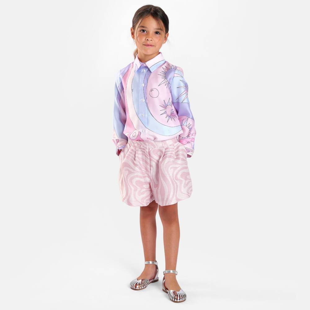 PUCCI-Блузка шелковая розово-сиреневая с принтом Stella для девочек | Childrensalon