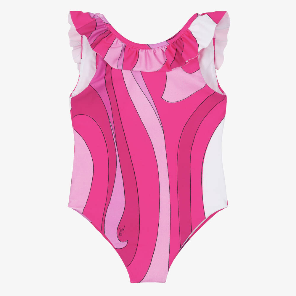 PUCCI-Girls Pink Marmo Print Ruffle Swimsuit | Childrensalon