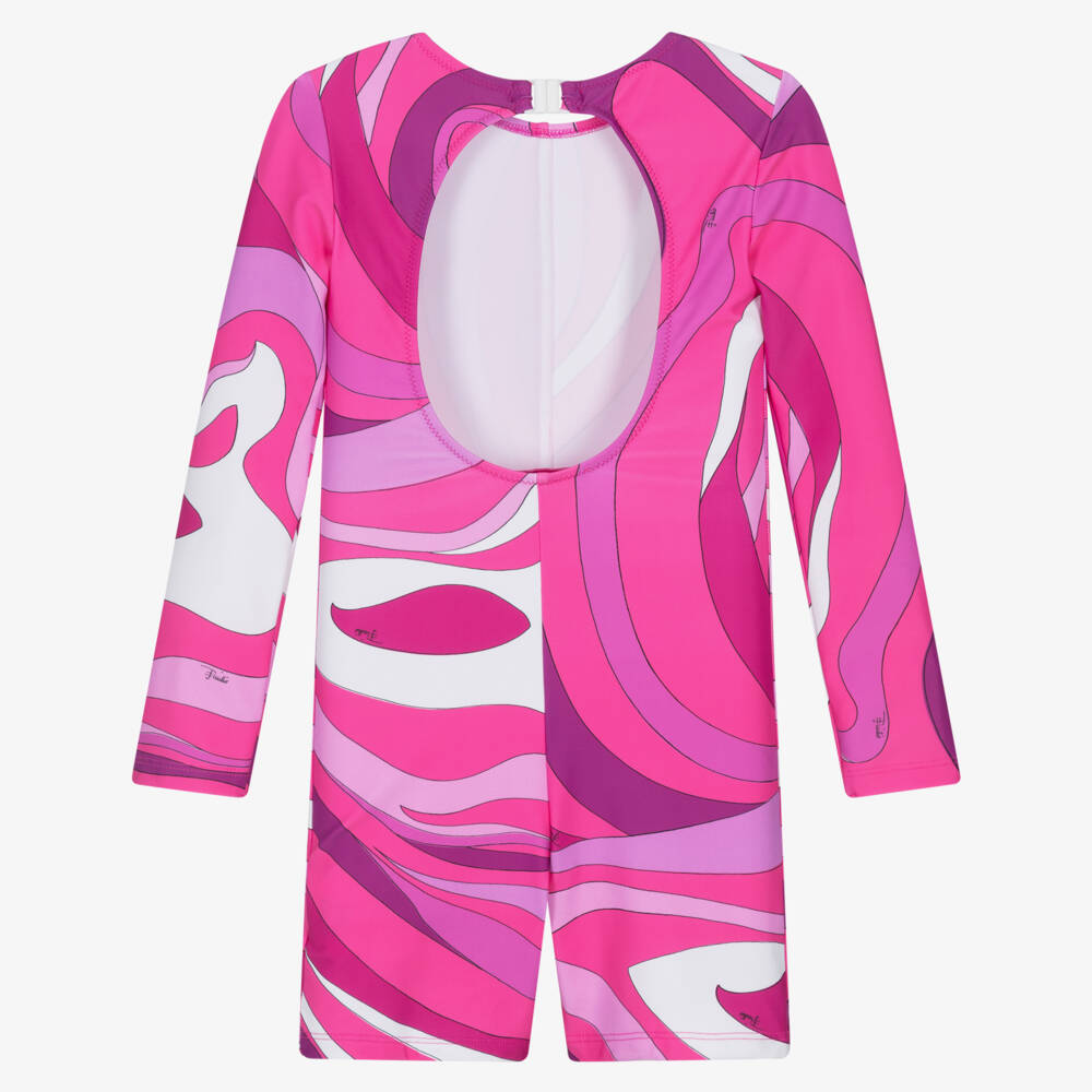 PUCCI-Girls Pink Marmo Print Swimsuit with Open Back | Childrensalon