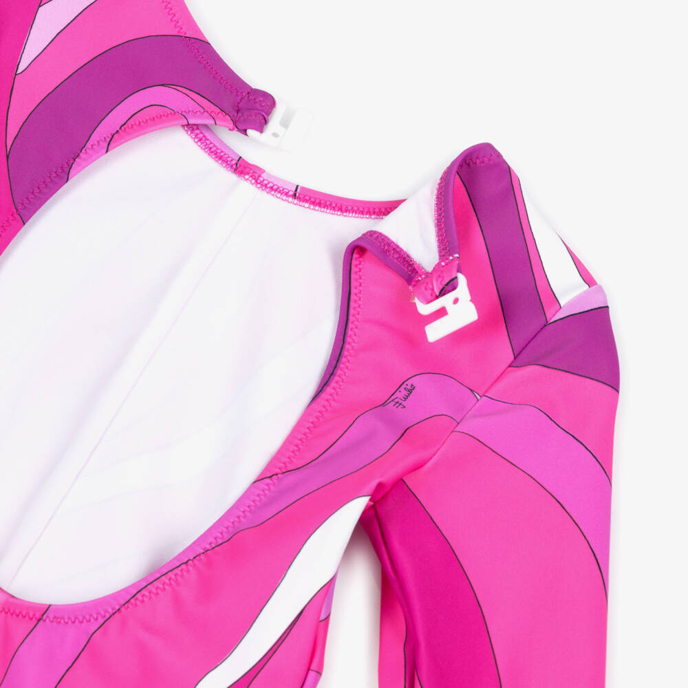 PUCCI-Girls Pink Marmo Print Swimsuit with Open Back | Childrensalon
