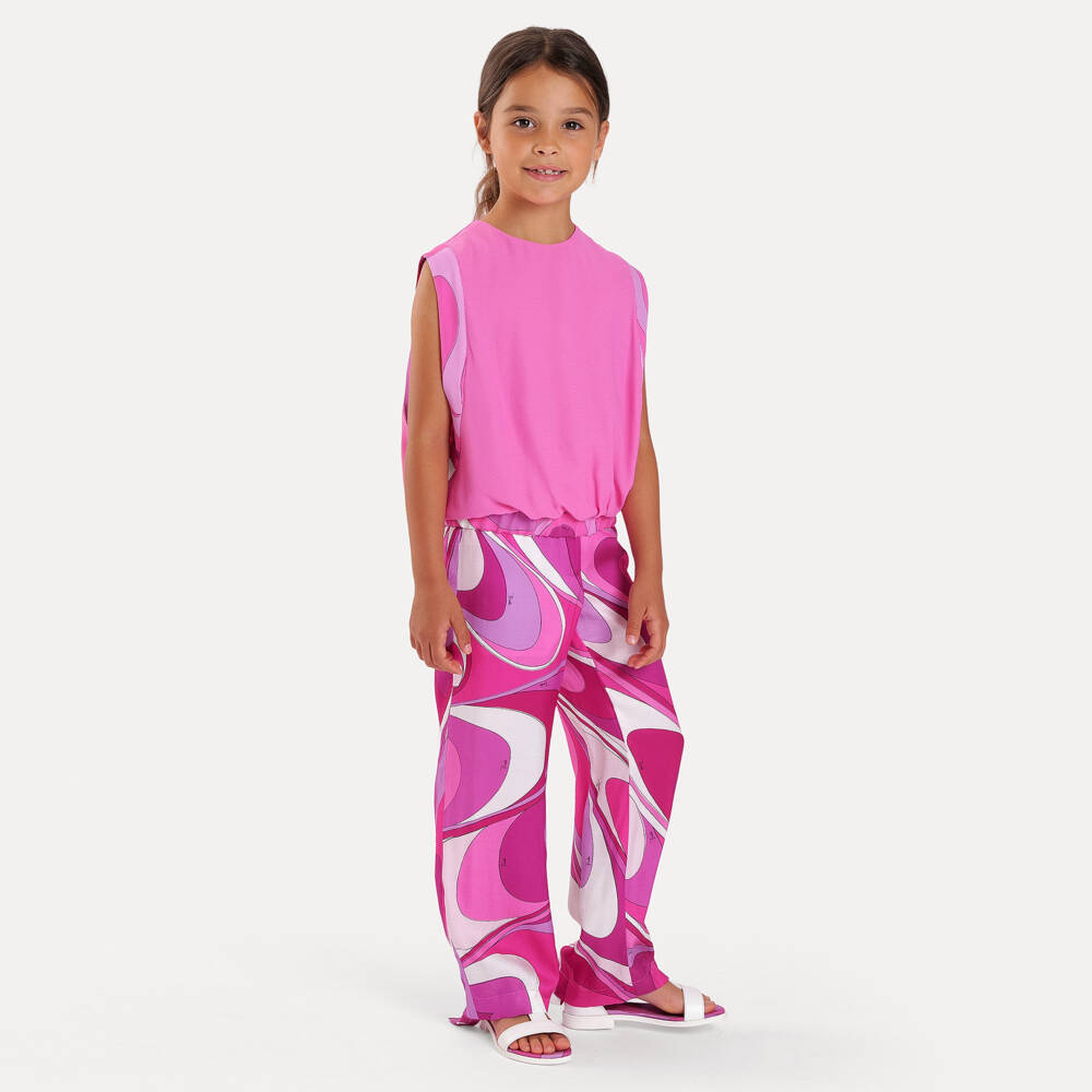 PUCCI-Широкие брюки с принтом Marmo розовые для девочек | Childrensalon