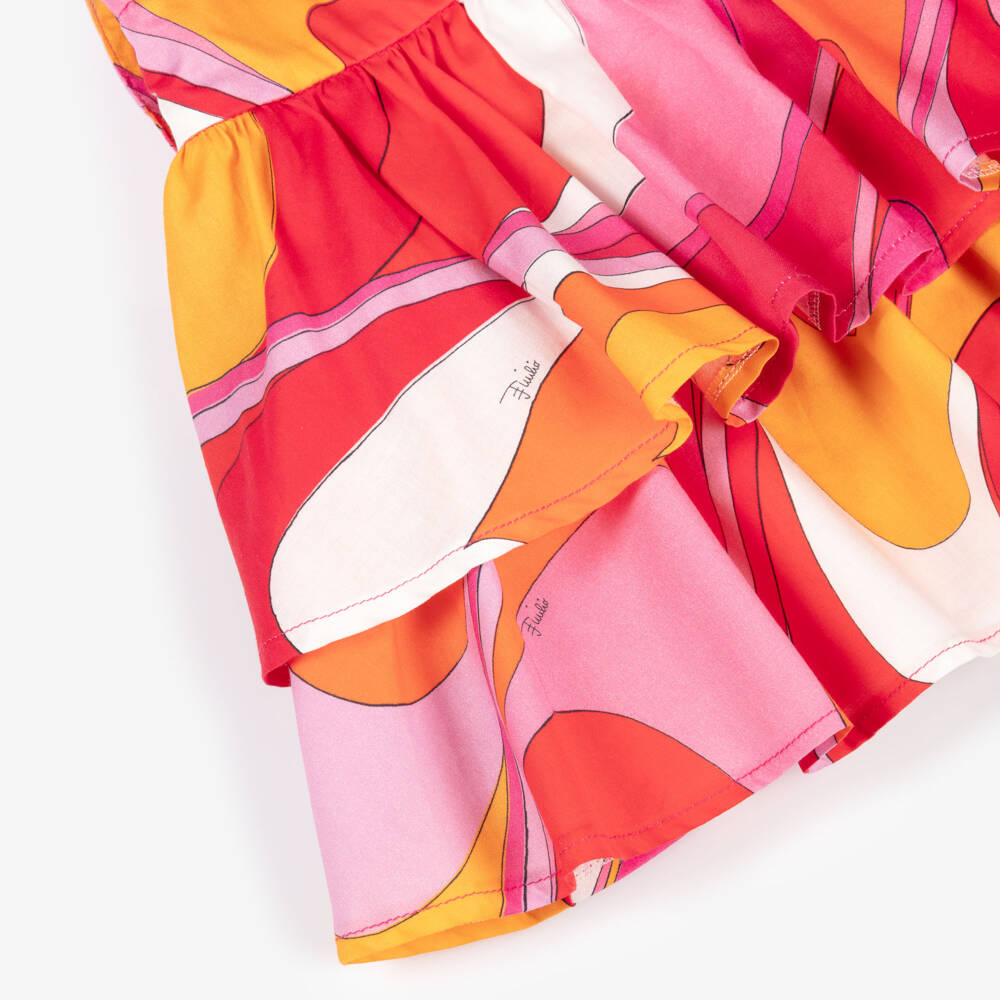 PUCCI-Girls Pink Orange & Red Onde Print Tiered Cotton Skirt | Childrensalon