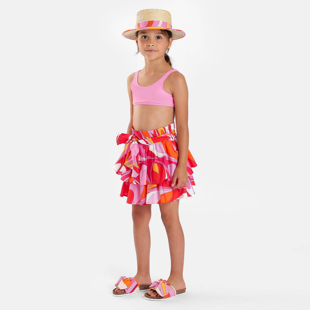 PUCCI-Girls Pink Orange & Red Onde Print Tiered Cotton Skirt | Childrensalon