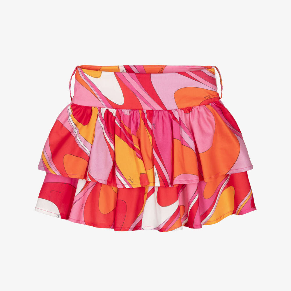 PUCCI-Girls Pink Orange & Red Onde Print Tiered Cotton Skirt | Childrensalon