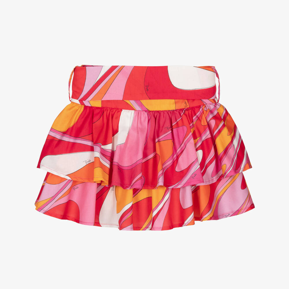 PUCCI-Girls Pink Orange & Red Onde Print Tiered Cotton Skirt | Childrensalon