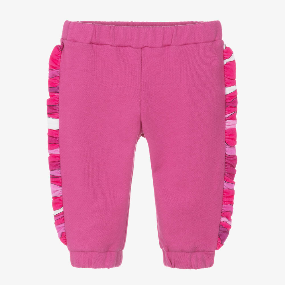 PUCCI-Girls Pink Orchidee Ruffle Trim Cotton Joggers | Childrensalon