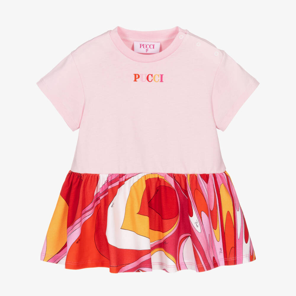 PUCCI-Girls Pink & Red Cotton Jersey Onde Print Dress | Childrensalon