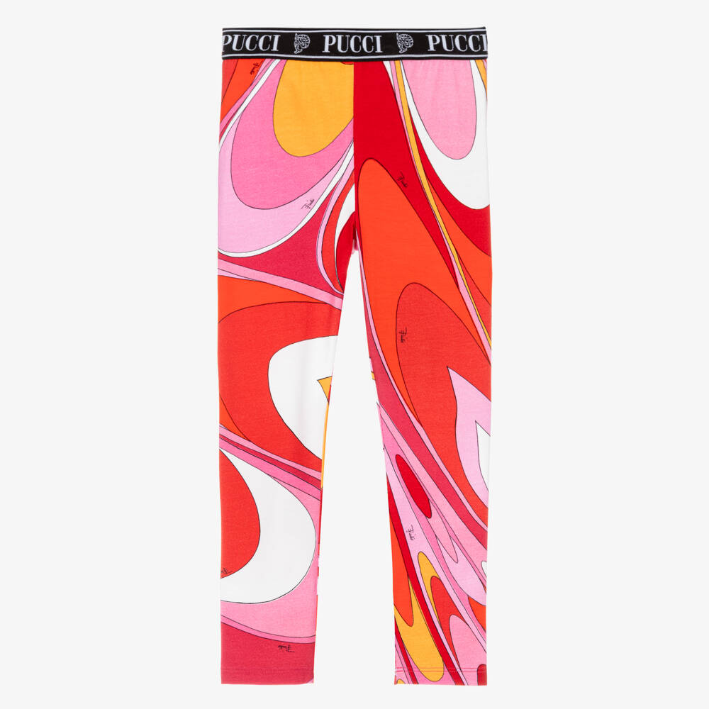 PUCCI-Girls Pink & Red Cotton Leggings with Marmo Print | Childrensalon