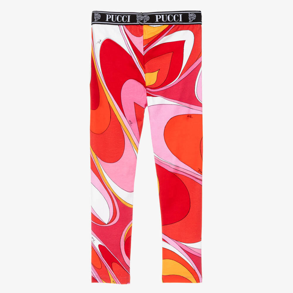 PUCCI-Girls Pink & Red Cotton Leggings with Marmo Print | Childrensalon